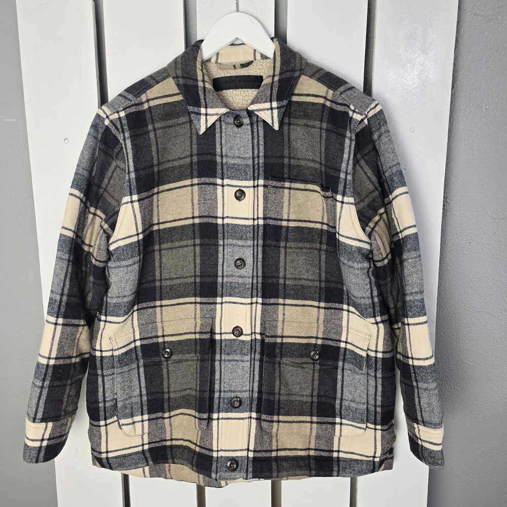 Jenni Kayne Farmhouse Shearling‎ Flannel Shirt Jacket XL Navy Plaid Wool Chore